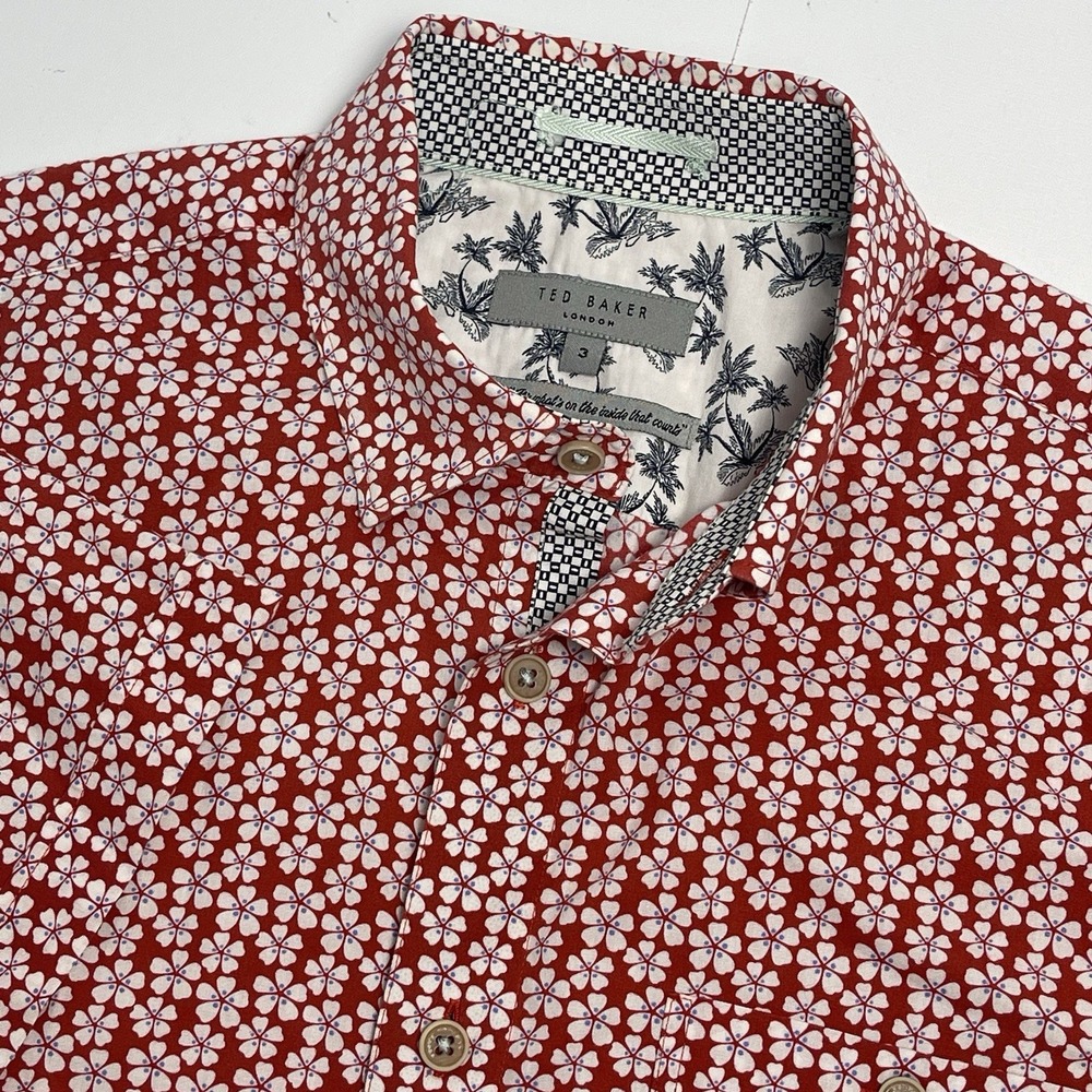 Ted Baker London Mens 3 Red White Floral Flowers Casual Button Down Short Sleeve